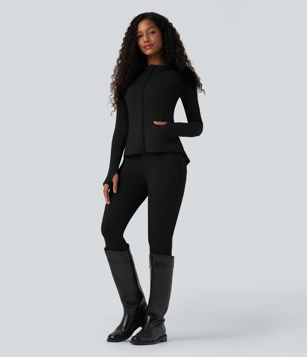 Veste SoftlyZero™ à capuche manches longues avec trous pouces détails plissés et poches-UPF50+