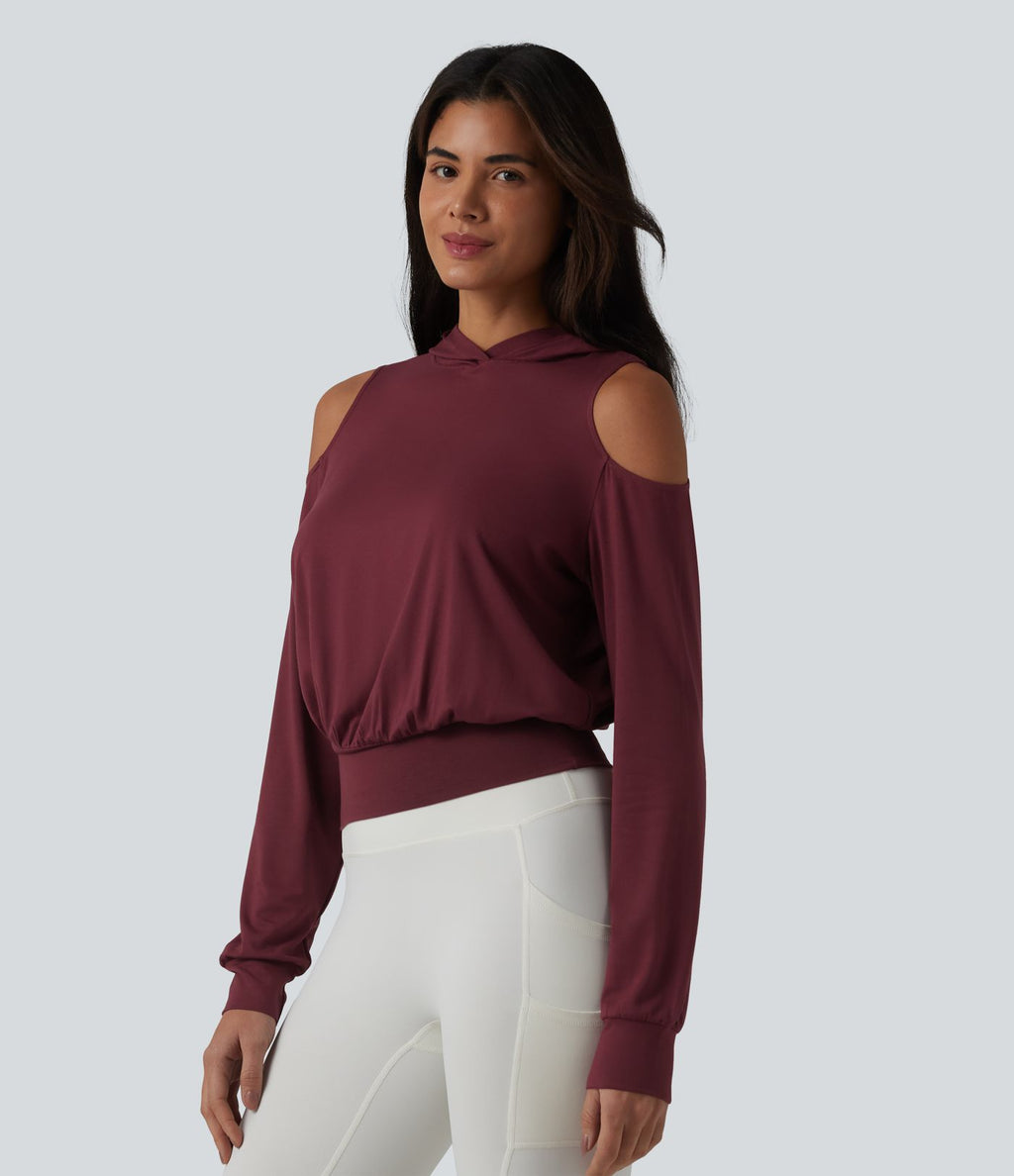 Sweat-shirt de sport à capuche épaules dénudées manches longues