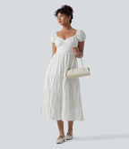 Robe midi décontractée à volants, col Queen Anne, manches bouffantes froncées et poches