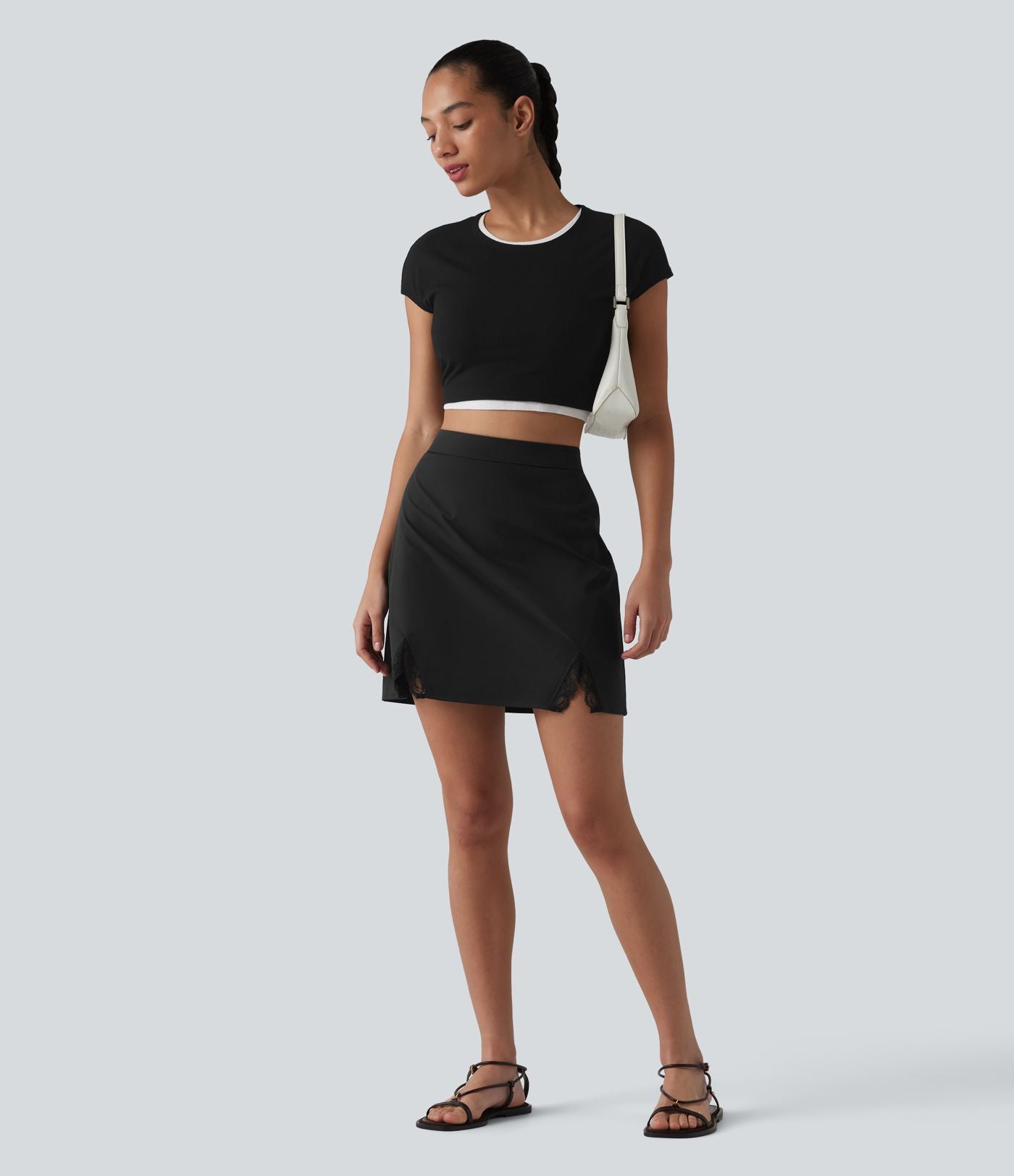 Jupe mini casual taille haute en popeline extensible avec dentelle contrastée