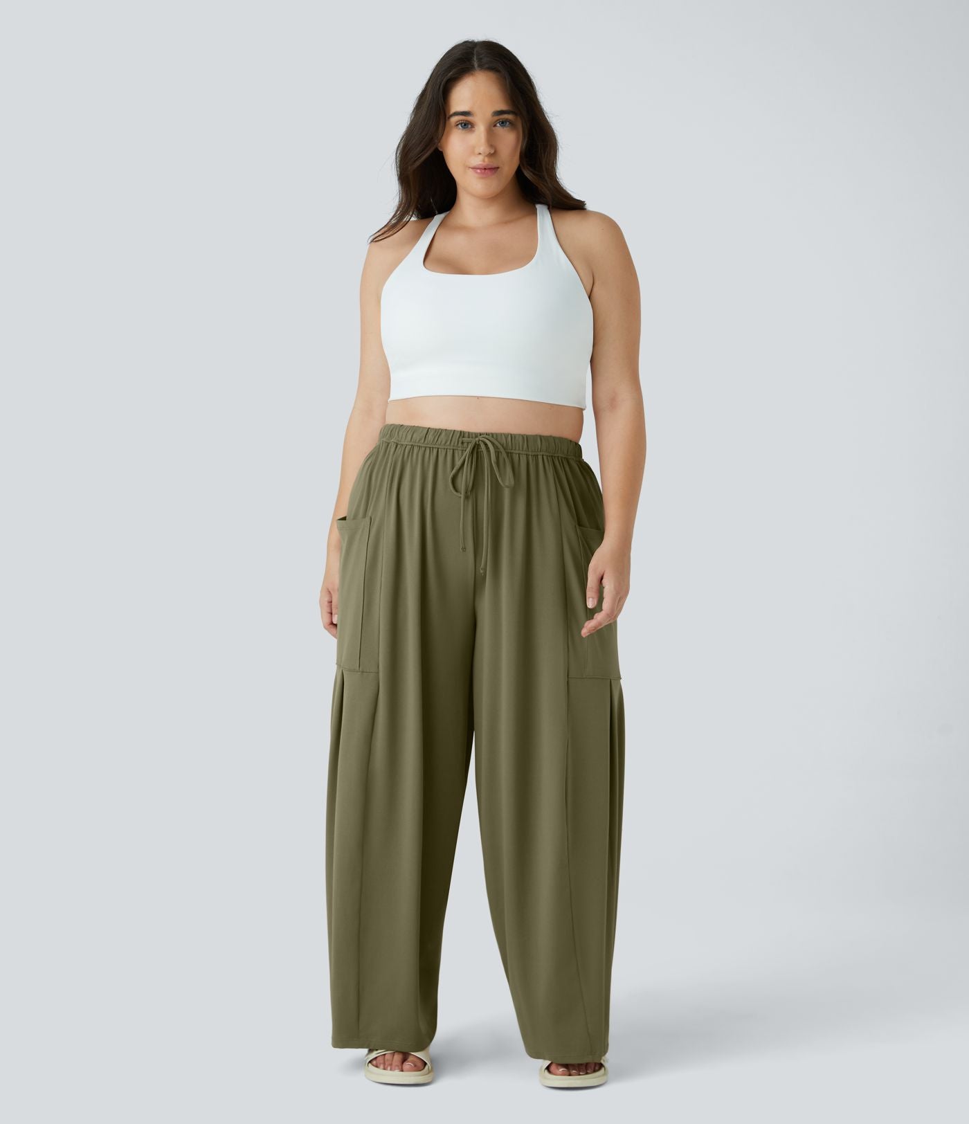 Pantalon Large Casual Taille Mi-Haute Taille Élastique Cordon Poches Latérales Ourlet Flottant Grande Taille