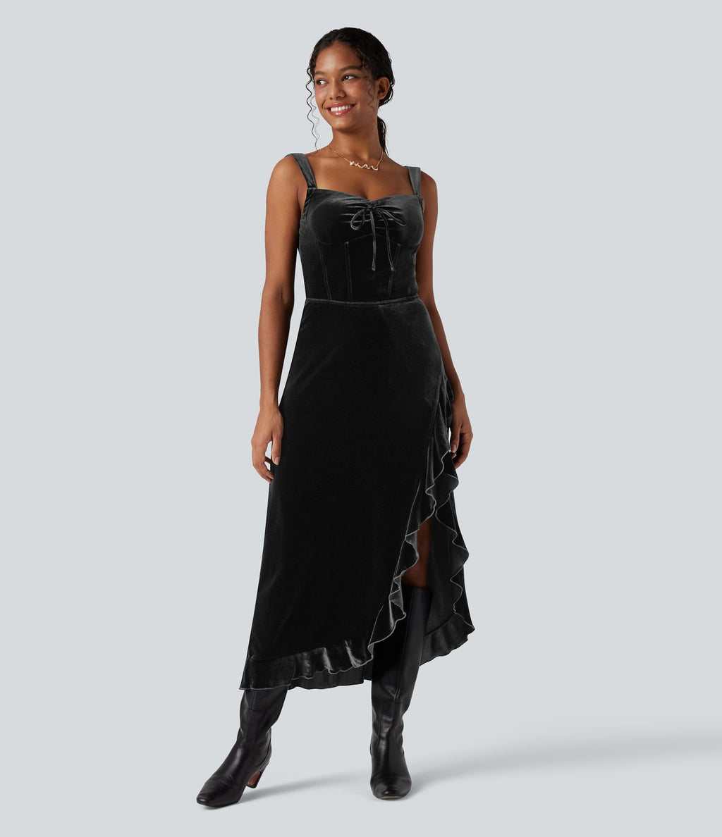 Robe mi-longue en velours encolure Queen Anne avec nœud devant et volants à l'ourlet