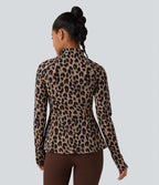 Veste décontractée Halara UltraSculpt™ imprimé léopard col montant manches longues avec trous pour pouces et poches