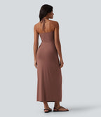 Robe longue dos nu col licou avec nœud et poches