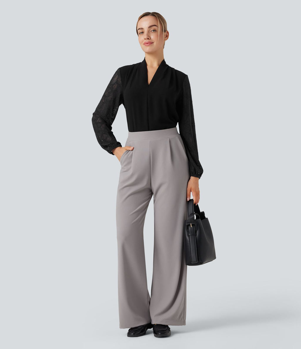 Blouse col V manches longues dentelle contrastante