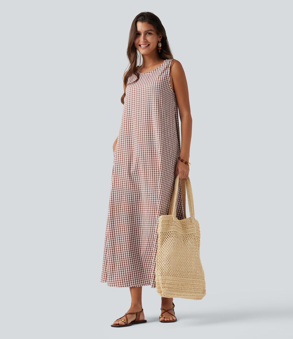Robe débardeur midi décontractée col rond sans manches en vichy froissé avec poches