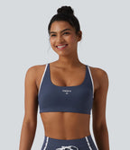 Brassière de sport yoga col U échancré color block imprimé lettrage avec brassière intégrée maintien léger