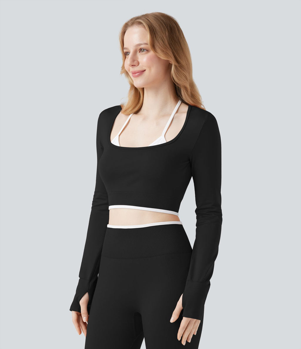 Haut de sport yoga court dos nu à manches longues avec passants pouces et blocs de couleurs sans coutures Seamless Flow