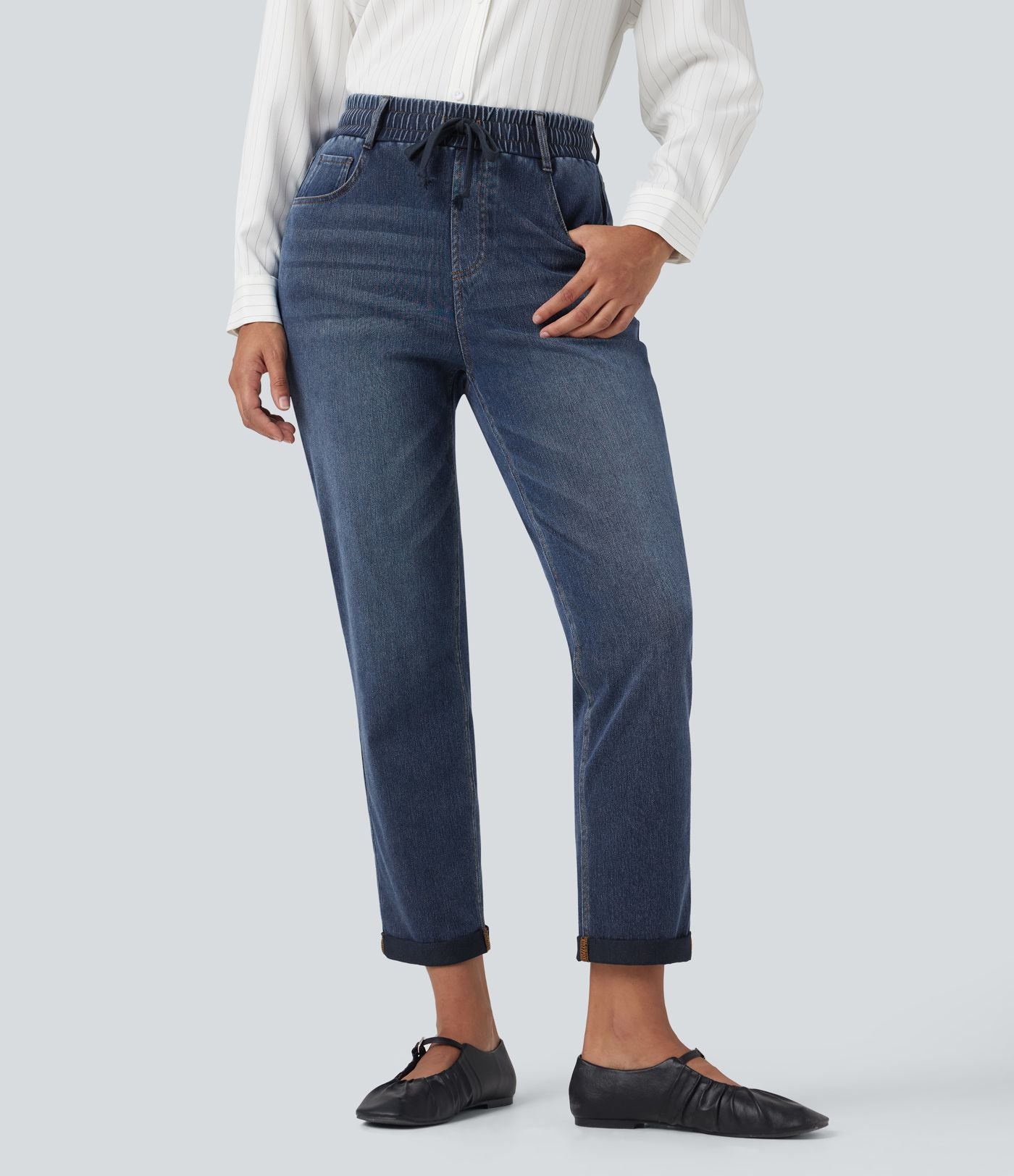 Jean décontracté slim Halara Flex™ taille haute avec cordon de serrage, ourlet retroussé et poches