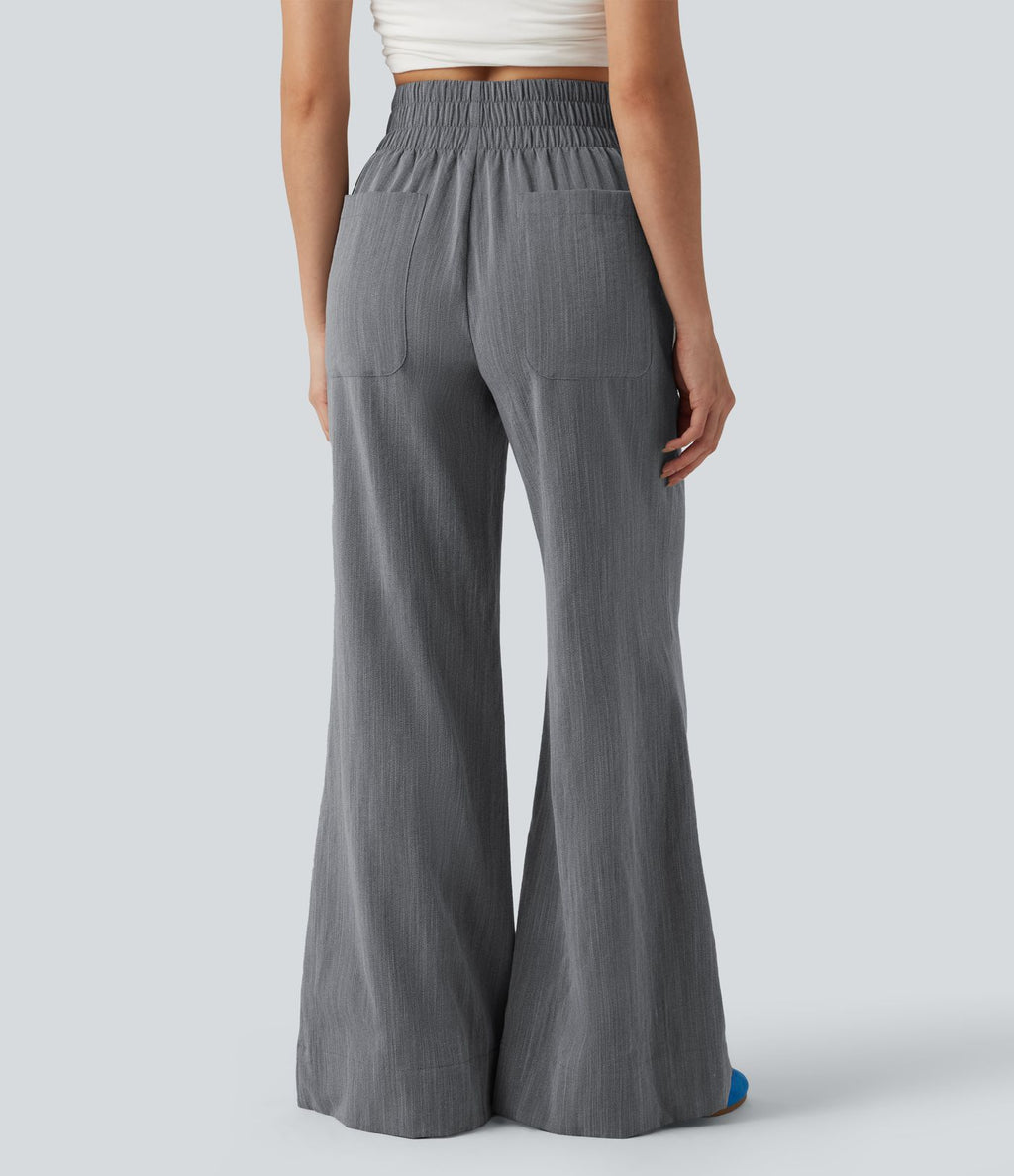 Pantalon flare taille haute effet lin avec poches
