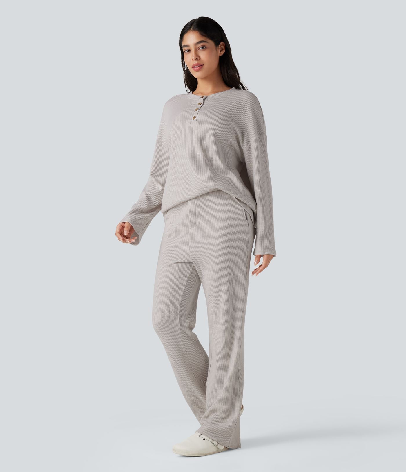 Top détente col henley manches longues gaufré