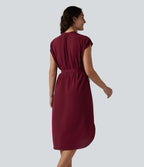 Robe-chemise midi de travail à manches courtes avec ceinture, ourlet arrondi et poches