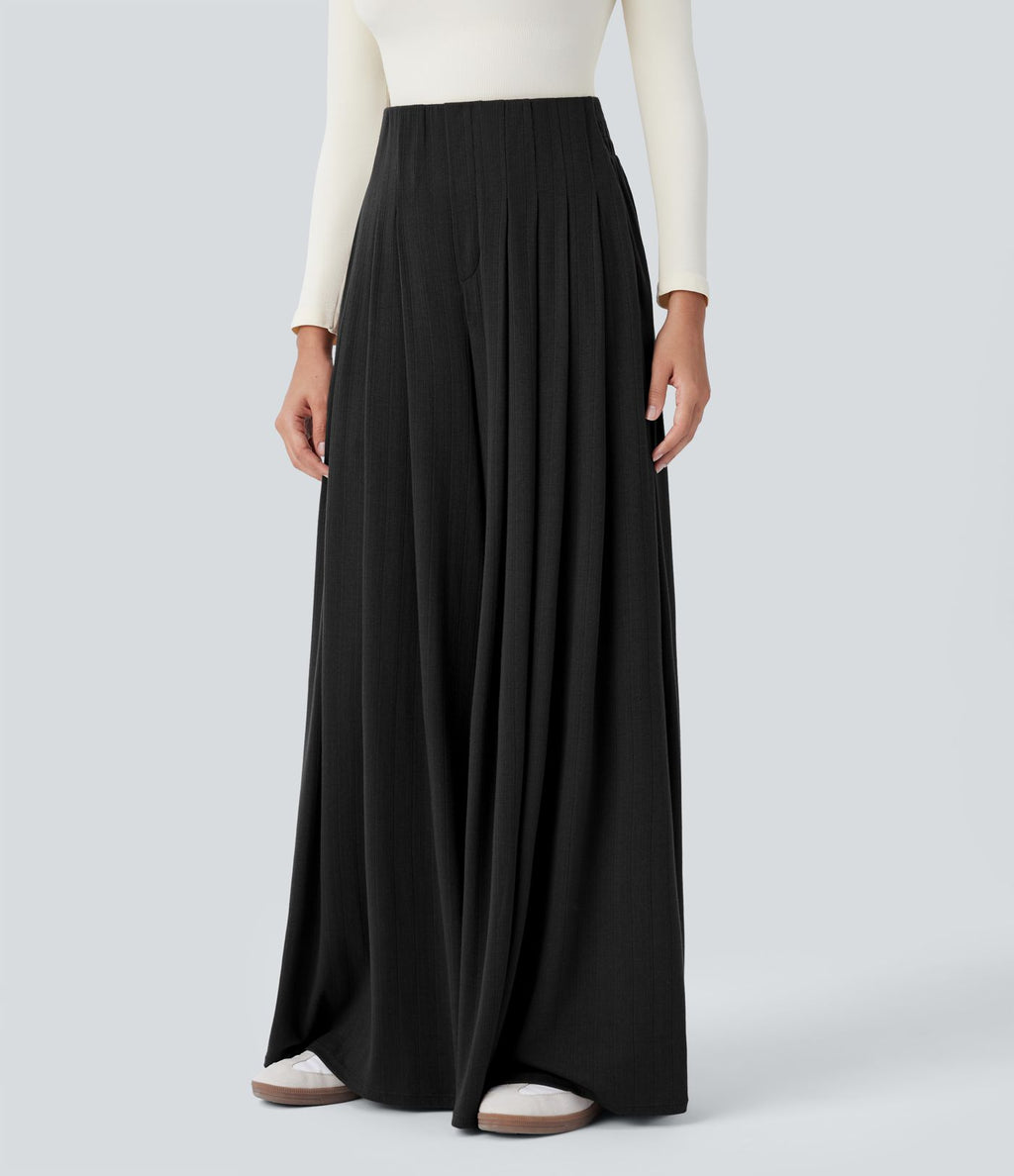 Pantalon décontracté ample à taille haute, plissé et à poches latérales