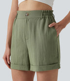 Short resort 12,5 cm taille haute effet lin avec ourlet roulotté et poches