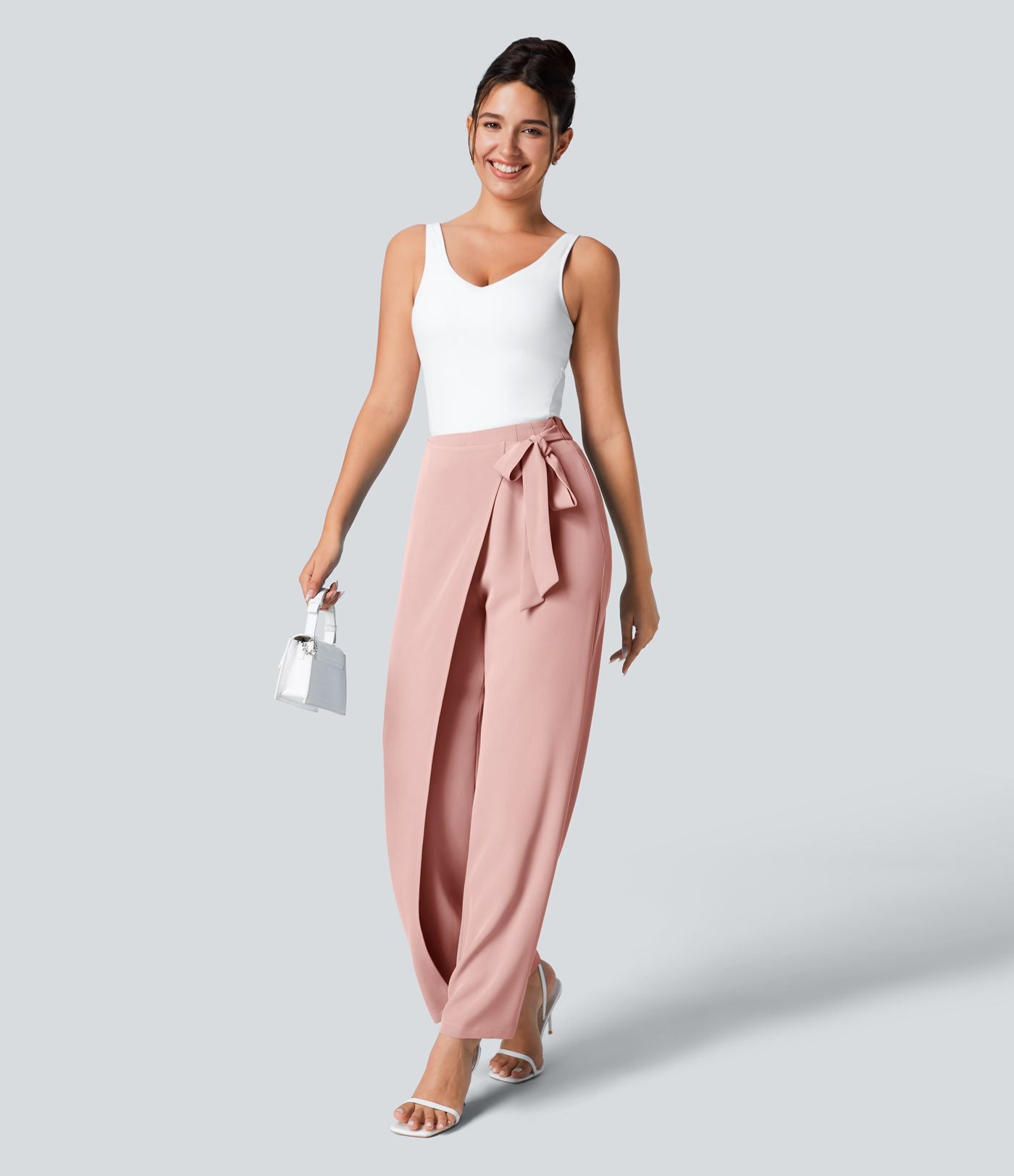 Pantalon Tailleur Large Fluide Taille Haute Fermeture Éclair Invisible