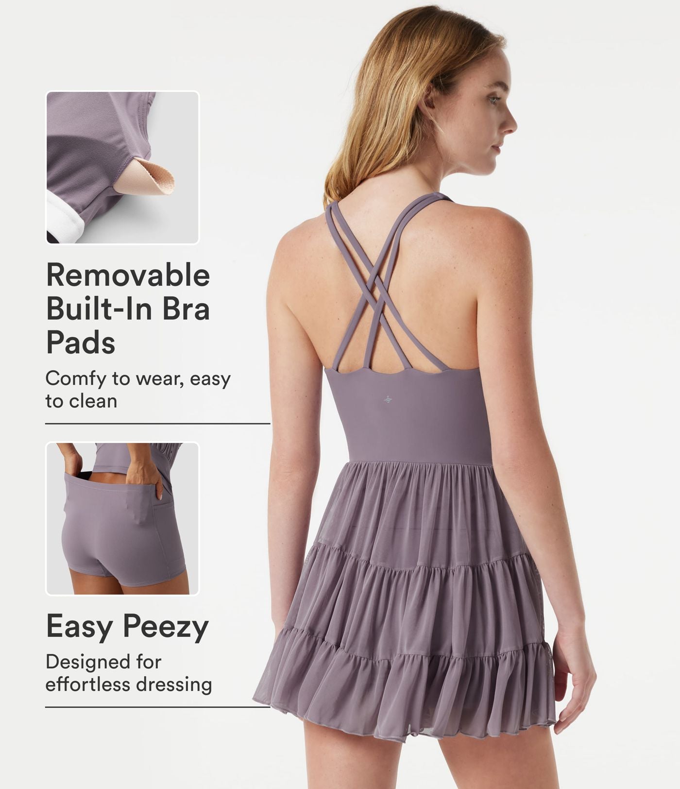 Robe sport de danse mini 2-en-1 SoftlyZero™ avec brassière intégrée, mesh contrasté et poches - Édition Easy Peasy - UPF50+