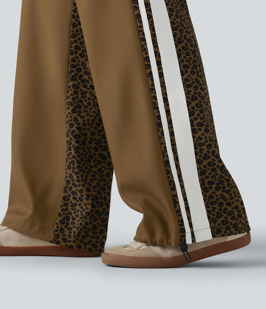 Pantalon ample décontracté taille mi-haute avec cordon de serrage color block rayures léopard contrastant avec poches