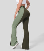 Pantalon Casual Évasés Taille Haute Contrôle du Ventre Ourlet Fendu et Color Block