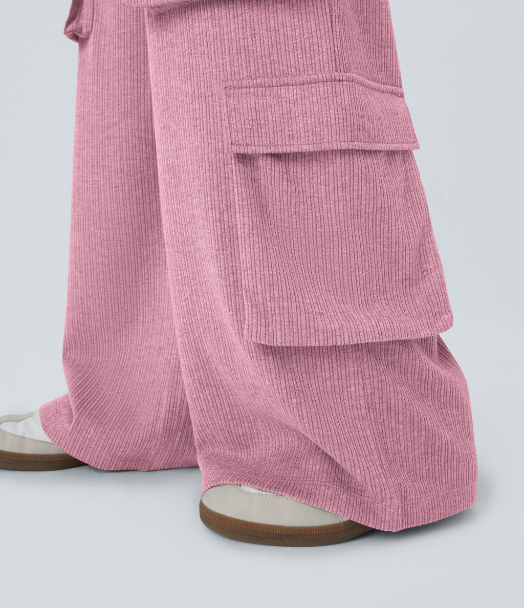 Pantalon cargo décontracté large à cordon côtelé, taille mi-haute, avec poches
