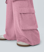 Pantalon cargo décontracté large à cordon côtelé, taille mi-haute, avec poches
