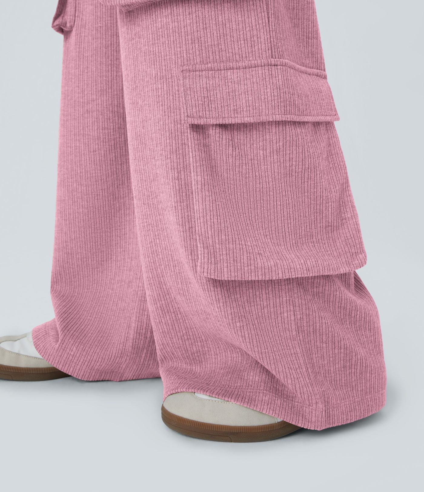 Pantalon cargo décontracté large à cordon côtelé, taille mi-haute, avec poches