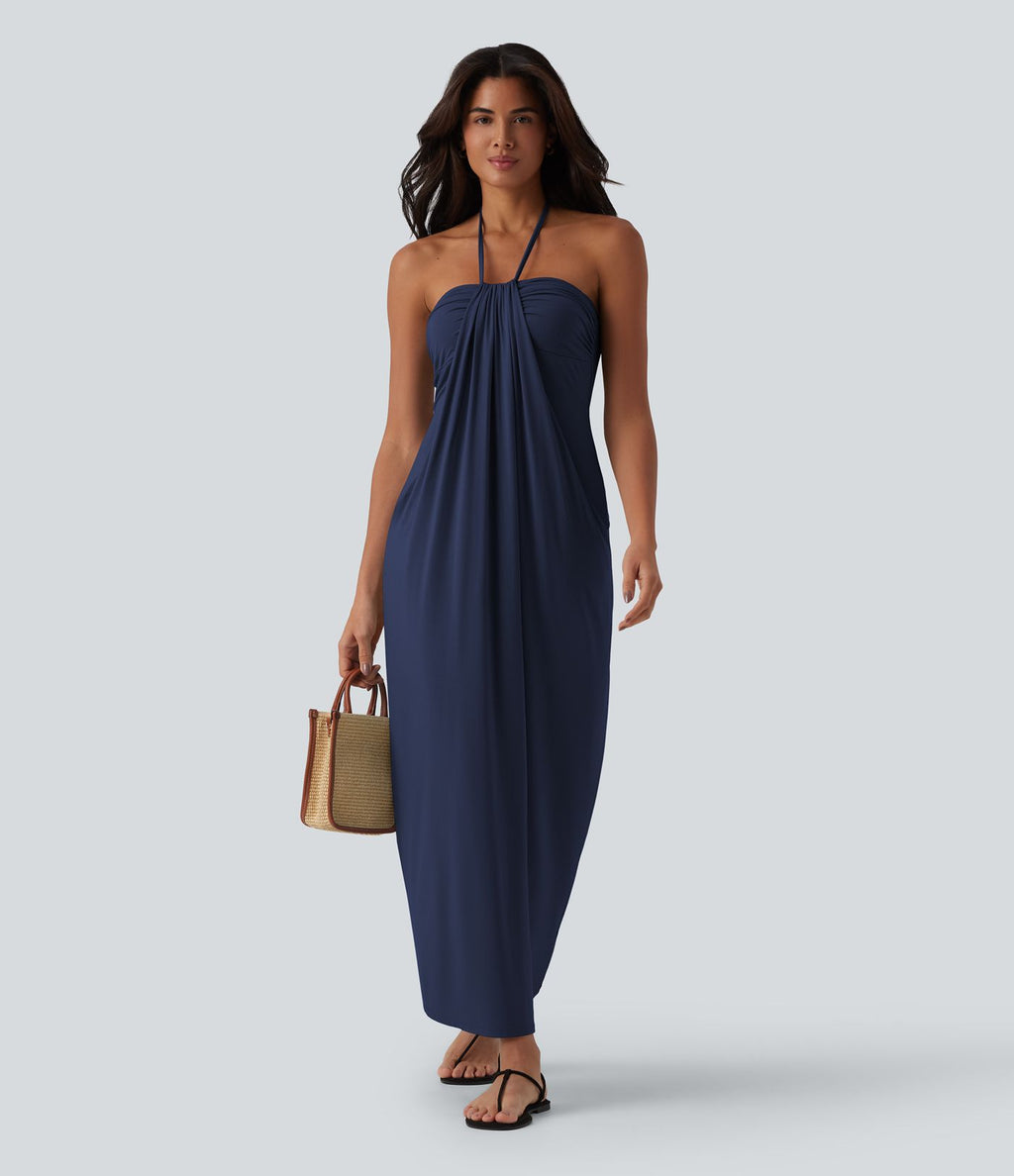 Robe longue dos nu col licou avec nœud et poches