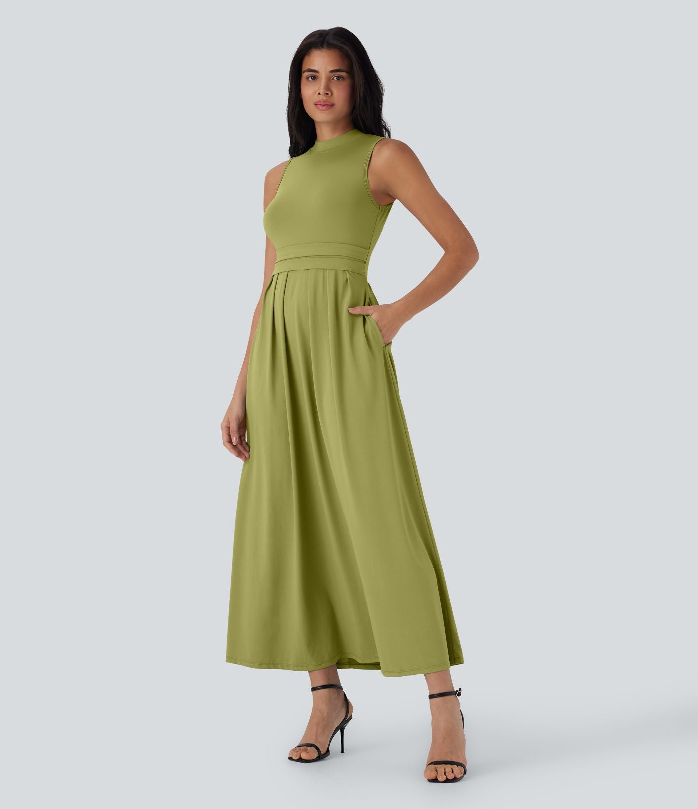 Robe longue décontractée sans manches à col montant, coupe évasée et poches latérales