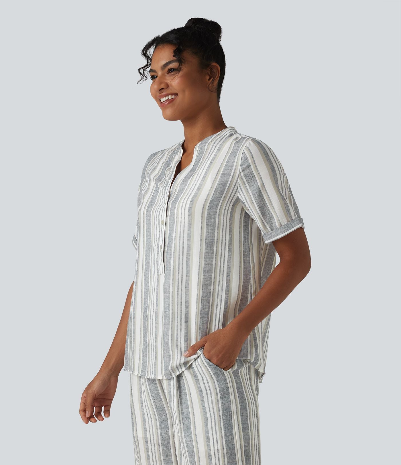 Blouse décontractée col V manches courtes à rayures