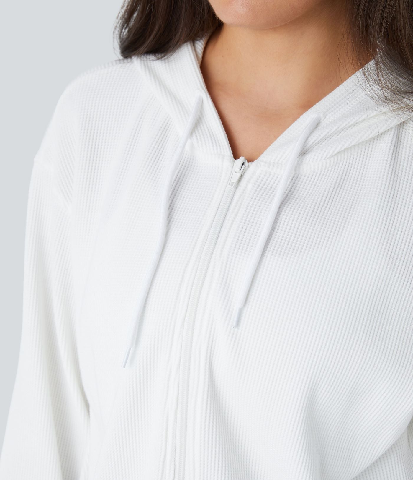 Sweatshirt en Coton Casual à Manches Longues avec Cordon de Serrage et Zipper Style Waffle