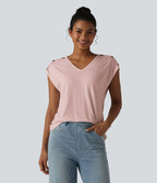 T-shirt décontracté col V manches courtes boutons décoratifs