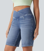 Short en jean Halara Flex™ casual gainant taille haute croisée avec poches