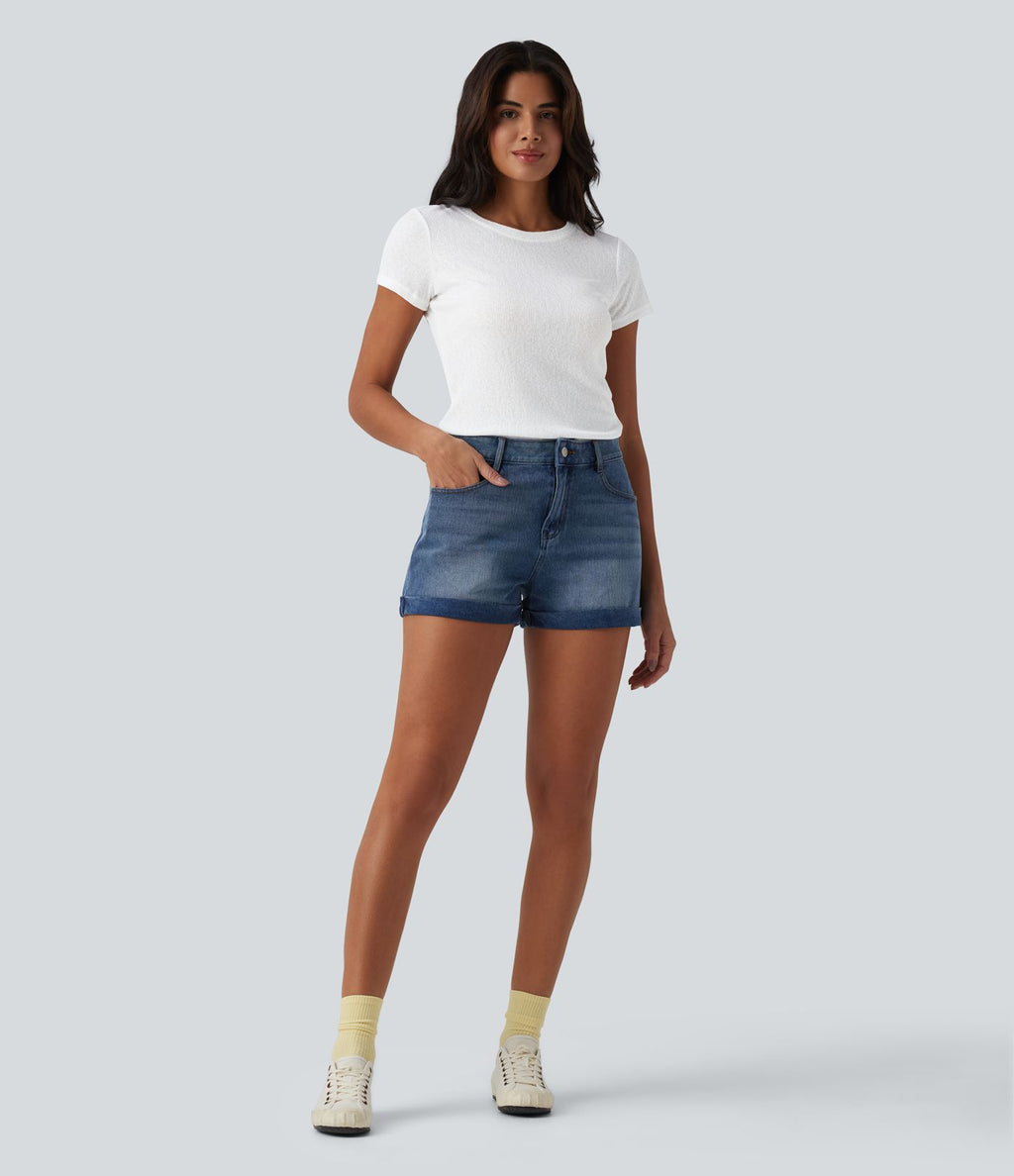 T-shirt casual semi-transparent côtelé maille col rond manches courtes