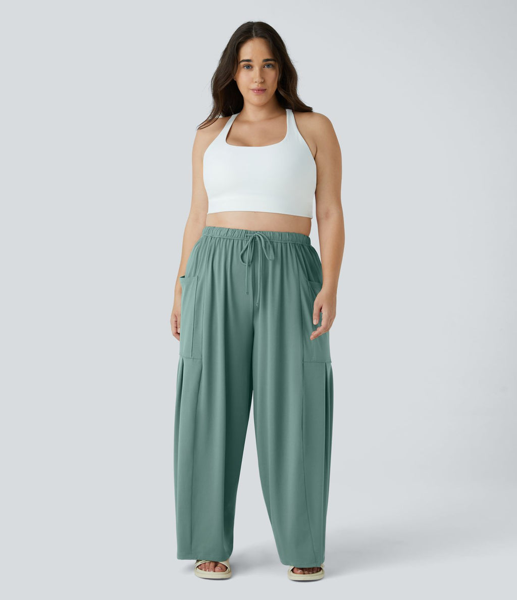Pantalon Large Casual Taille Mi-Haute Taille Élastique Cordon Poches Latérales Ourlet Flottant Grande Taille