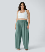 Pantalon Large Casual Taille Mi-Haute Taille Élastique Cordon Poches Latérales Ourlet Flottant Grande Taille