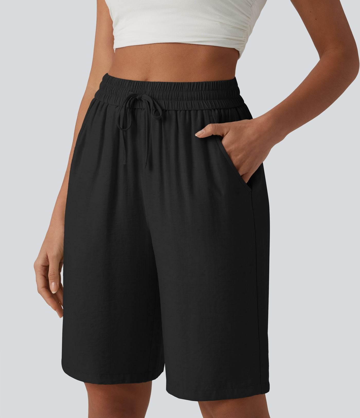 Short décontracté taille haute en lin mélangé avec cordon de serrage et poches, 25 cm