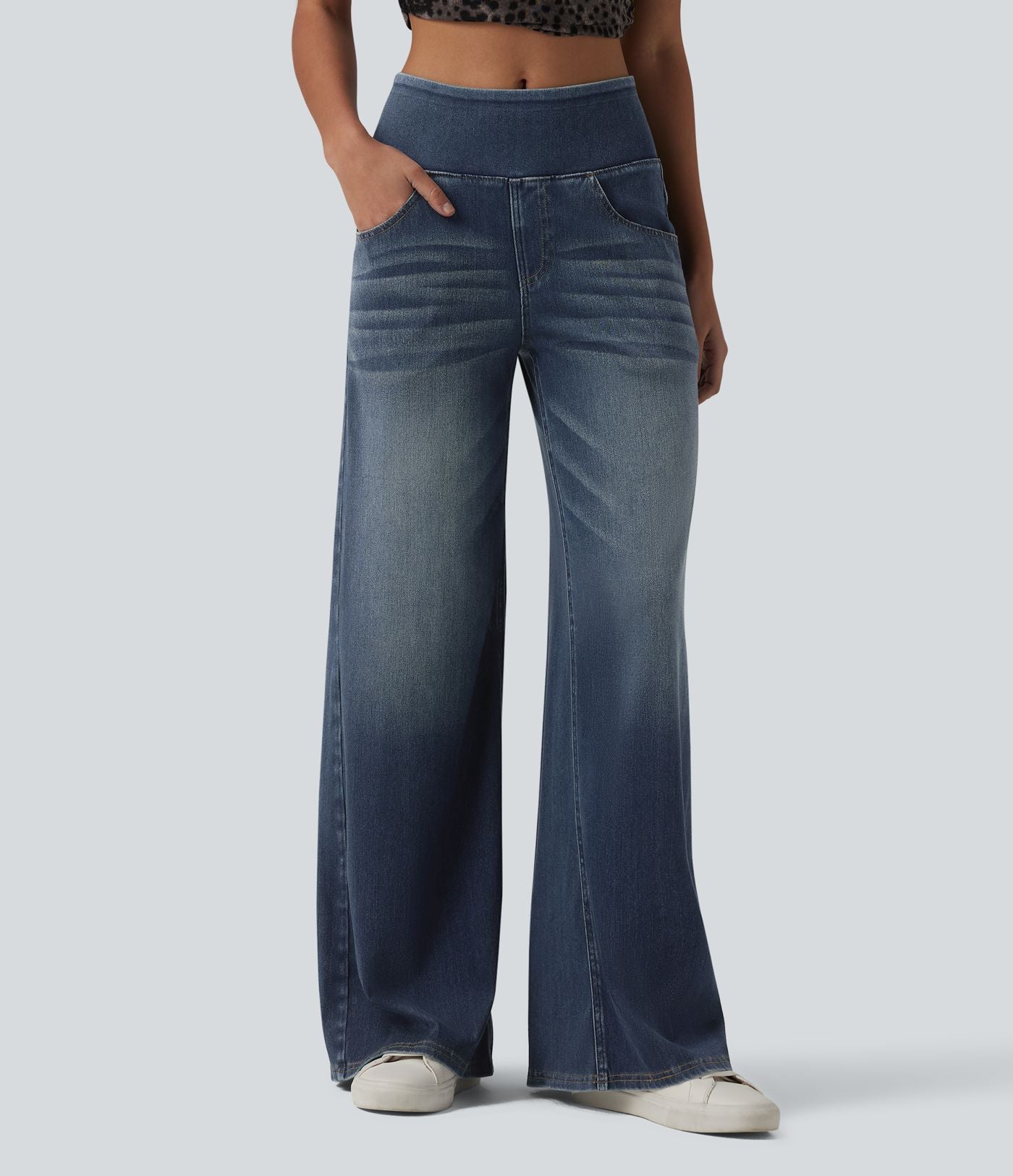 Halara Flex™ Jean large casual baggy taille mi-haute en lyocell drapé effet délavé, avec poches