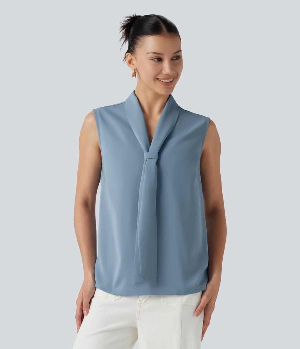 Blouse  sans manches esprit bureau défroissage facile, col V et lien à nouer