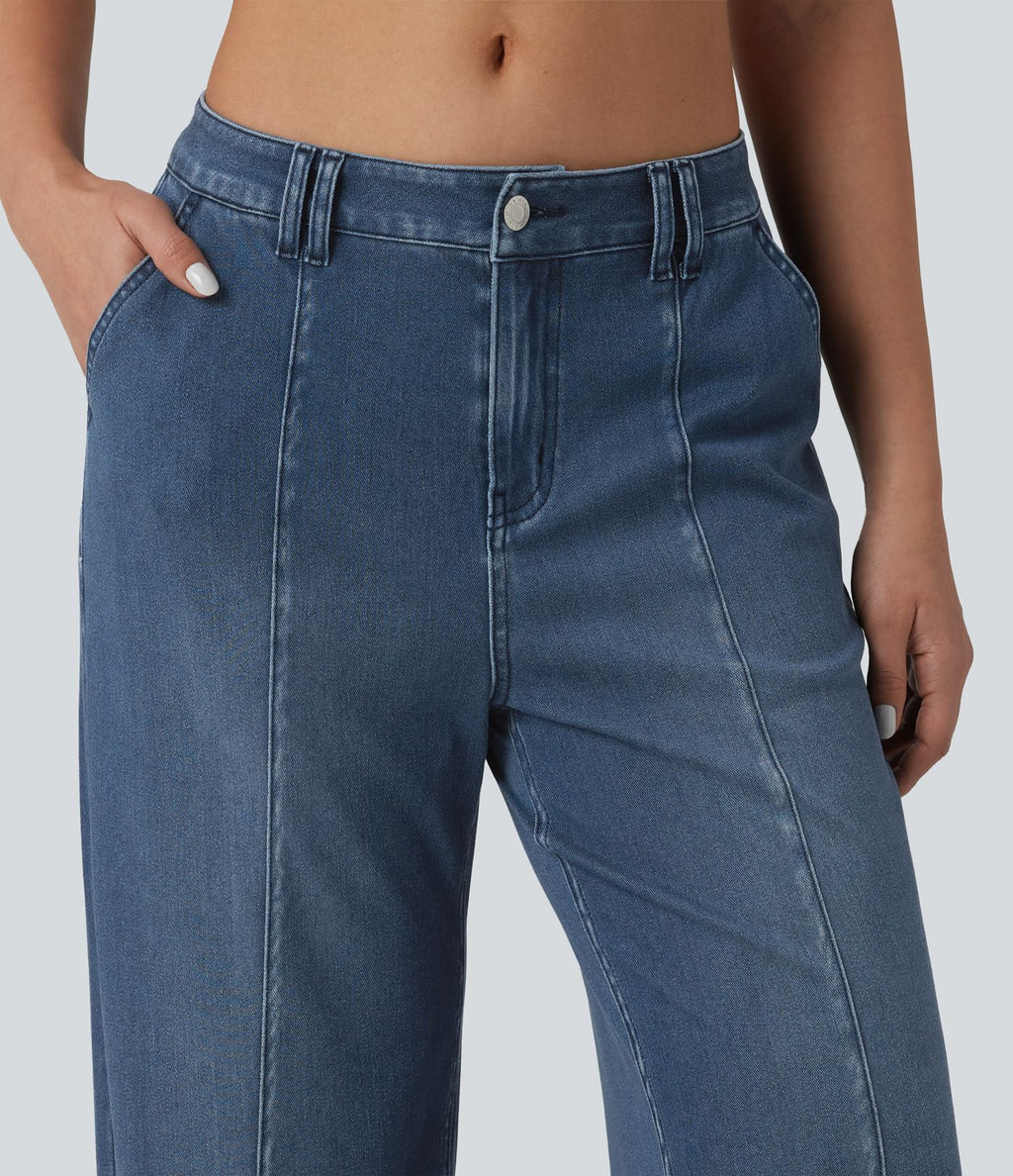 Halara Flex™ Jean large casual baggy taille mi-haute en lyocell drapé effet délavé, ourlet ajustable et poches