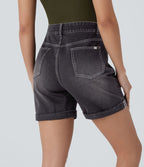 Halara Flex™ Short en denim extensible taille haute avec poches multiples, déchirures, ourlet roulotté et effet délavé