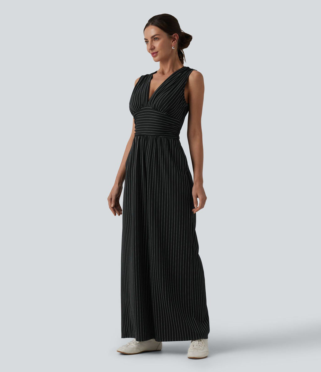Combinaison tailleur col V sans manches à rayures et fronces avec poches - Easy Peasy