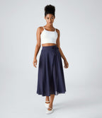 Jupe Casual Évasée Mesh Mi-Longue Fuide 2 en 1 Contrastée Taille Haute Cordon Poche Latérale