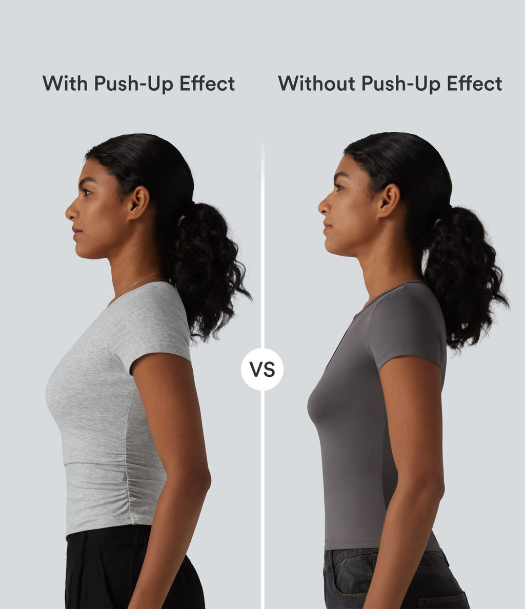 T-shirt décontracté col V manches courtes en jersey de coton avec soutien-gorge intégré push-up et fronces