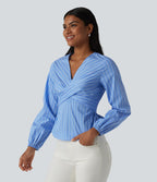 Blouse de travail rayée à col V, manches longues et dos noué