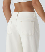 Halara Flex™ Jean large asymétrique taille basse avec bouton, fermeture éclair et poches multiples, délavé et extensible en maille