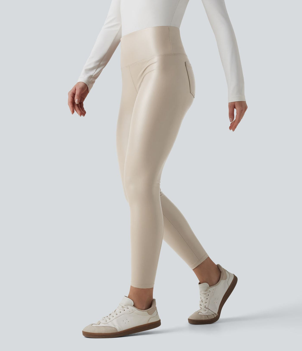 Pantalon 7/8 moulant décontracté polaire gainant taille haute extensible effet cuir avec poches