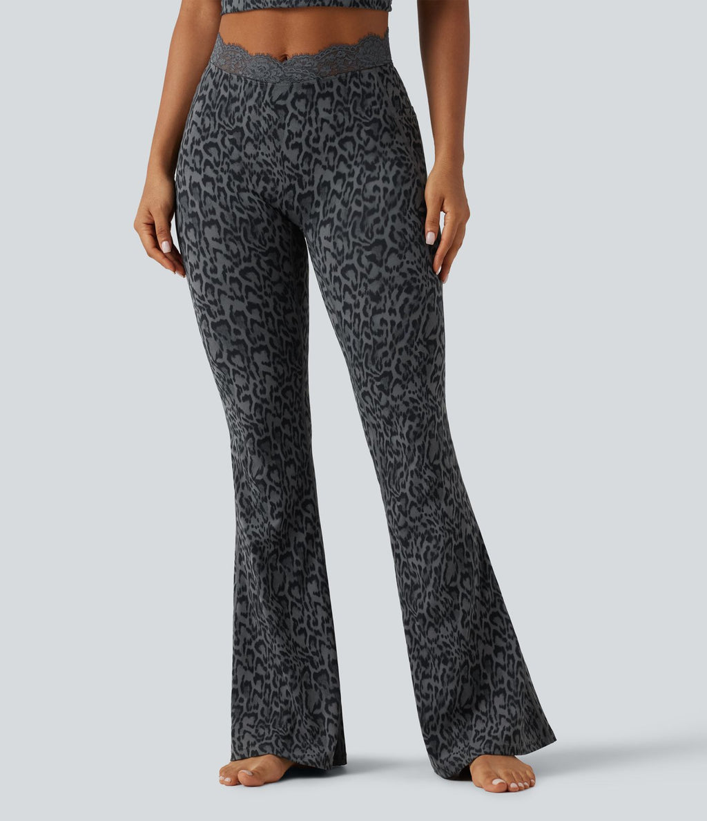 Legging yoga Halara UltraSculpt™ flare taille haute avec ceinture en V imprimé léopard, dentelle contrastée et poches