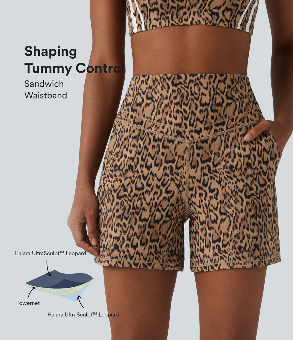 Short de yoga droit Halara UltraSculpt™ imprimé léopard taille haute ventre plat 12,5 cm avec poches