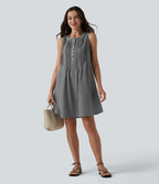 Robe courte sans manches col rond à carreaux aspect lin avec poches