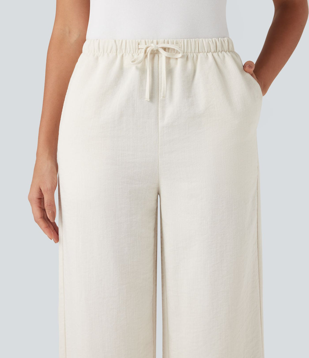Pantalon décontracté large effet lin taille haute infroissable avec cordon et poches