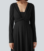 Robe mi-longue deux pièces à manches longues effet cache-cœur avec nœud au dos et poches